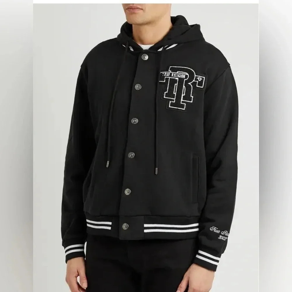 True Religion Logo Hooded Cotton Varsity/Bomber Jacket. Size XL